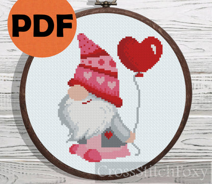 Valentine Gnome with Balloon cross stitch pattern