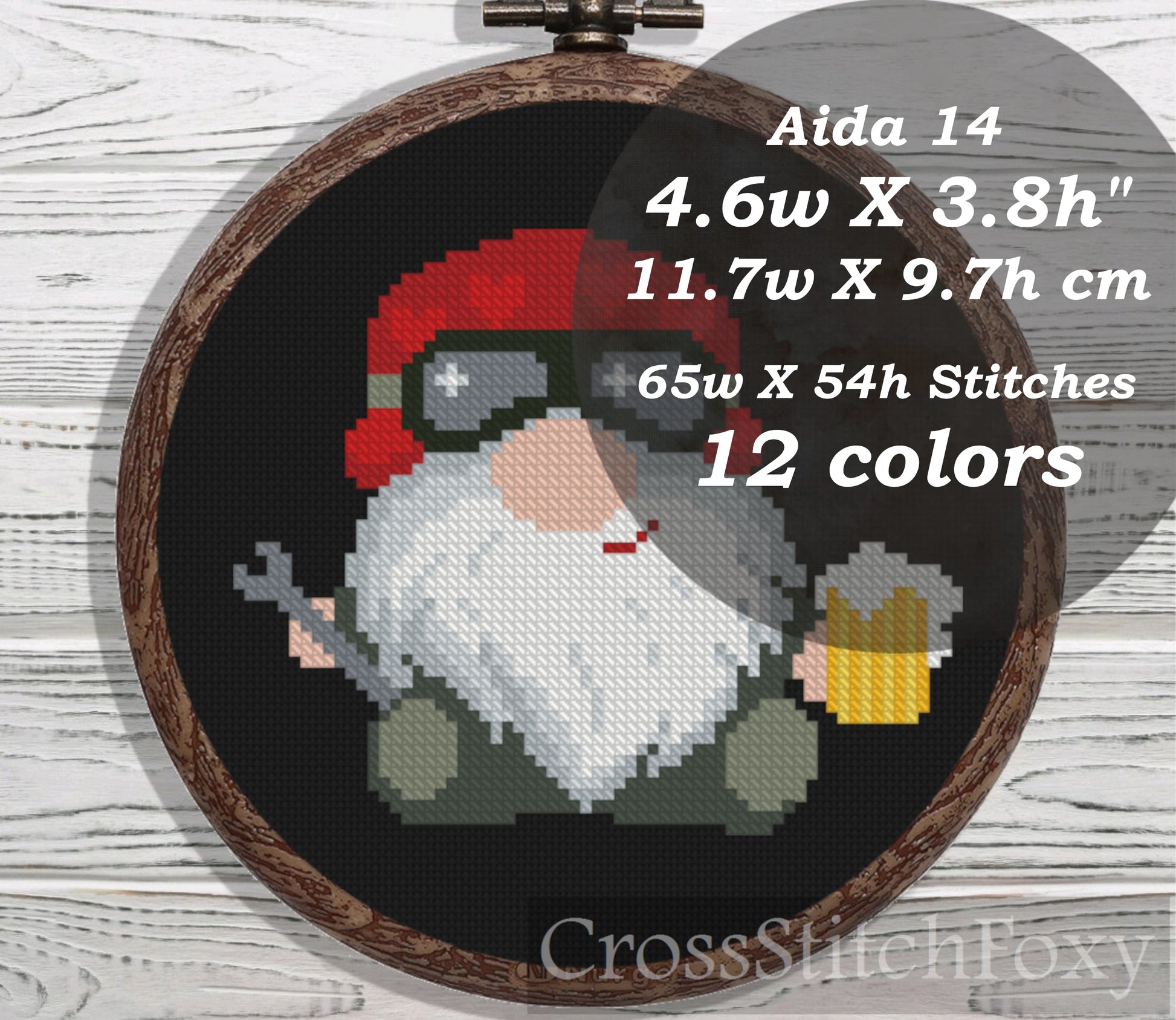 Biker Gnome with Beer cross stitch pattern