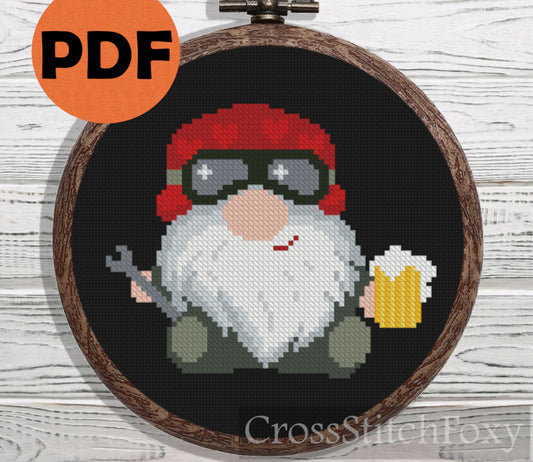 Biker Gnome with Beer cross stitch pattern