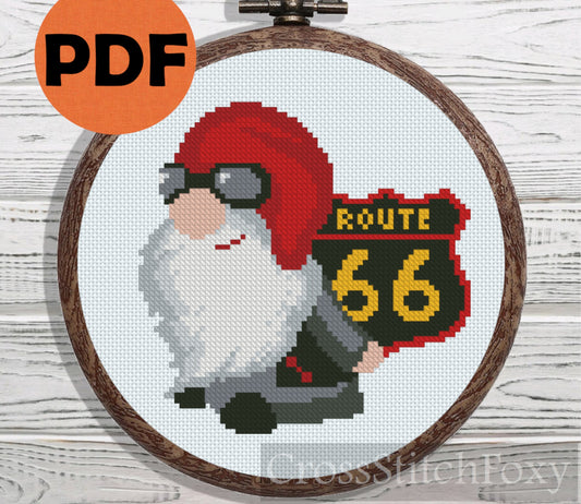 Biker Gnome Road 66 Sign cross stitch pattern