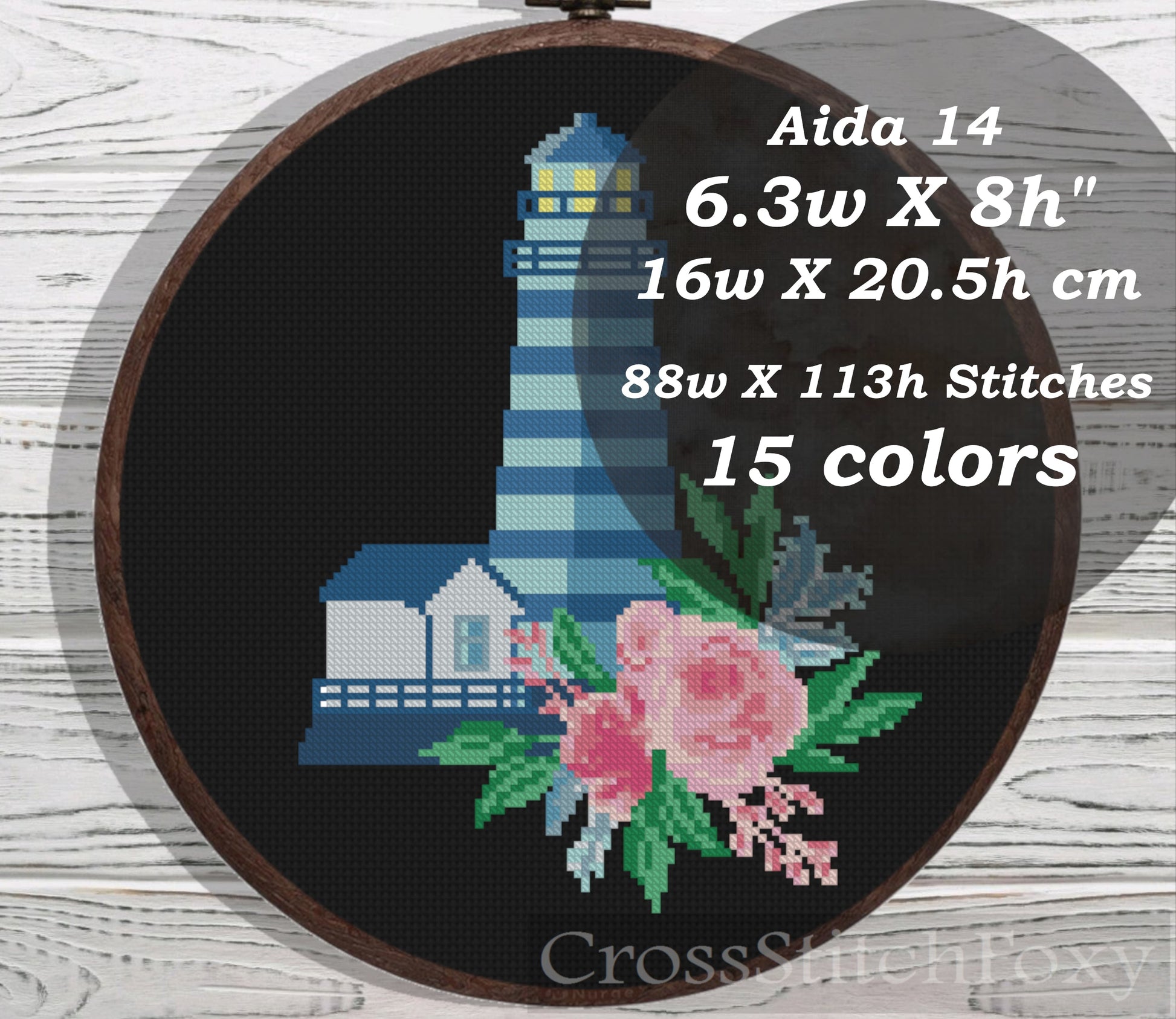 Blue Lighthouse with Floral Ornament cross stitch pattern