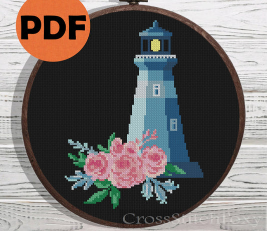 Blue Lighthouse with Floral Ornament cross stitch pattern
