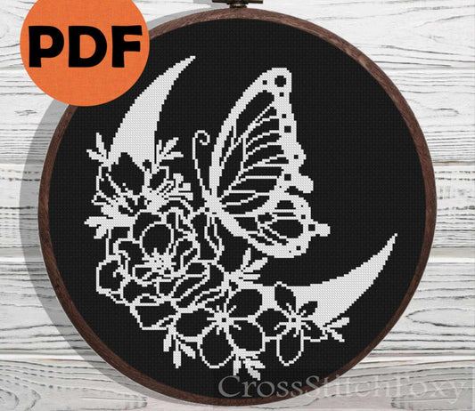 Boho Floral Moon Butterfly cross stitch pattern