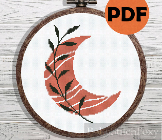 Boho Moon Phases Leaf cross stitch pattern