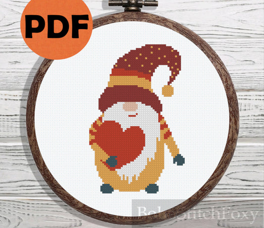 Boho gnome with heart cross stitch pattern