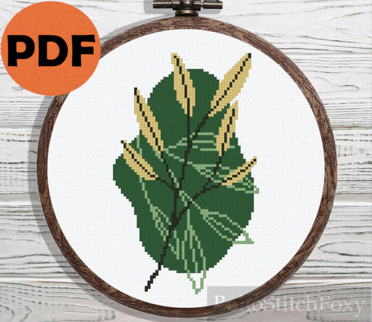 Boho green leaves cross stitch pattern