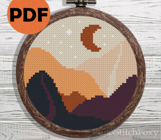 Boho moon landscape mini cross stitch pattern