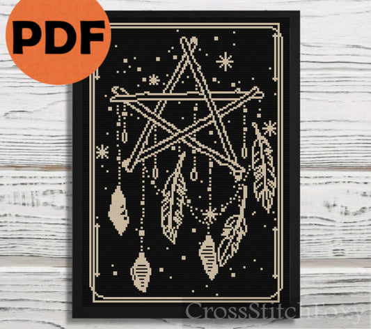 Boho pentagram dreamcatcher cross stitch pattern