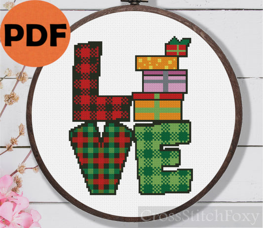 Buffalo Plaid Love Christmas Cross Stitch Pattern