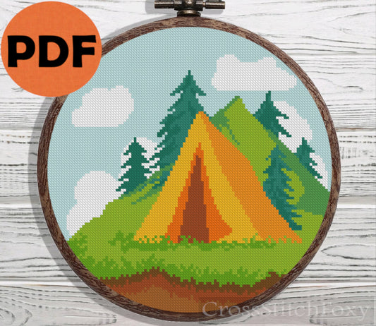Camping tent cross stitch pattern