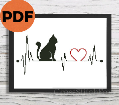 Cat Love Cardiogram cross stitch pattern