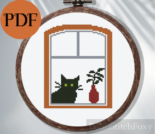 Cat on Window Plant Cross Stitch Pattern