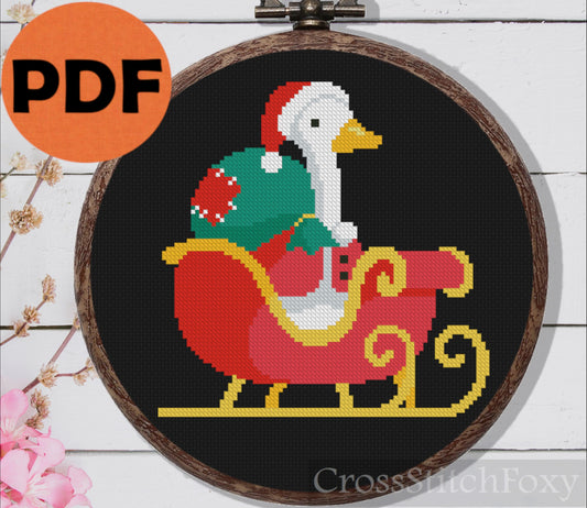 Christmas Goose Santa Sleigh Cross Stitch Pattern