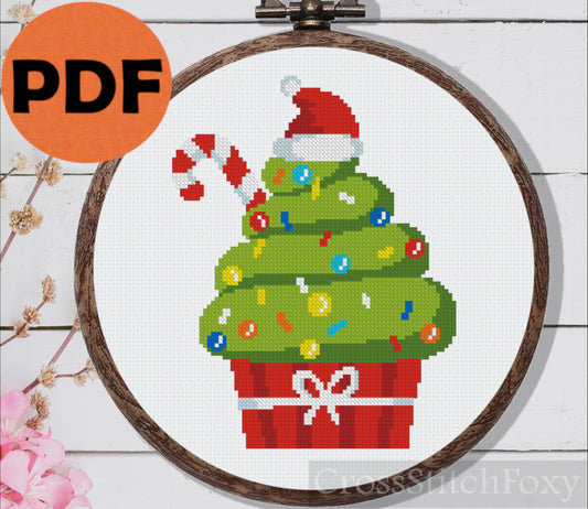 Christmas tree cupcake cross stitch pattern