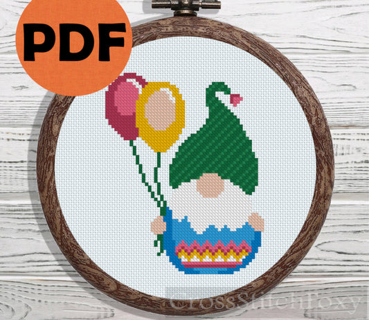 Easter Egg Gnome with Balloons cross stitch pattern