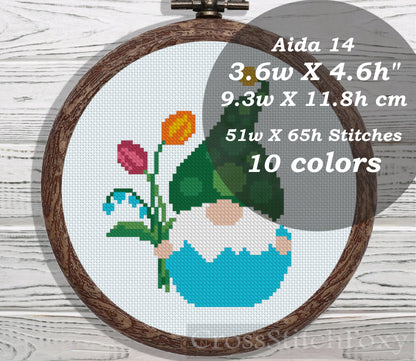 Easter Egg Gnome with Flowers cross stitch pattern