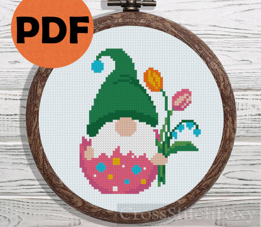 Easter Egg Gnome with Flowers cross stitch pattern