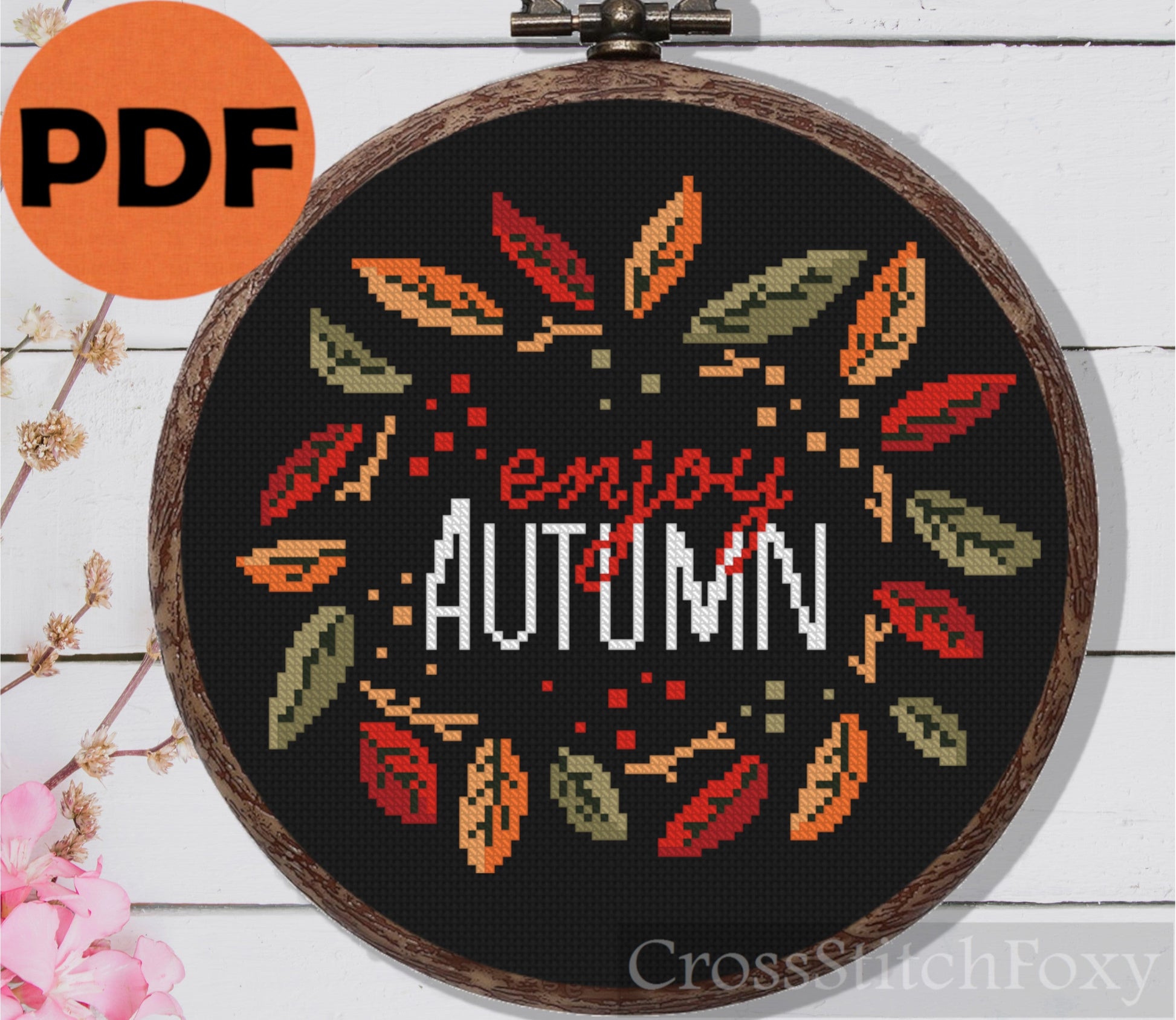 Enjoy Autumn Fall Leaves Cross Stitch Pattern PDF