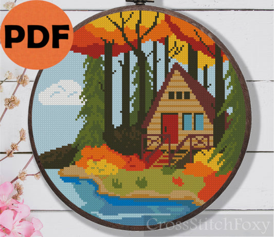 Fall Forest House Landscape Cross Stitch Pattern