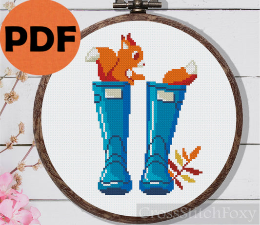 Fall Rain Boots Squirrel Cross Stitch Pattern