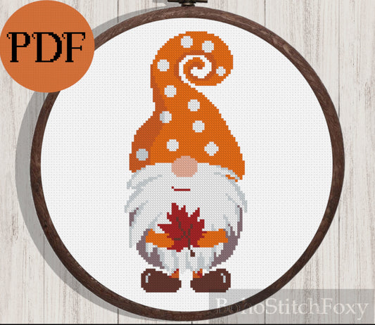 Fall gnome with leaf cross stitch pattern