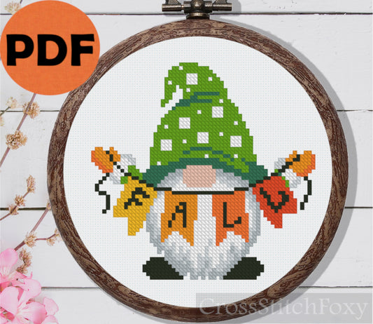 Fall gnome with bunting cross stitch pattern