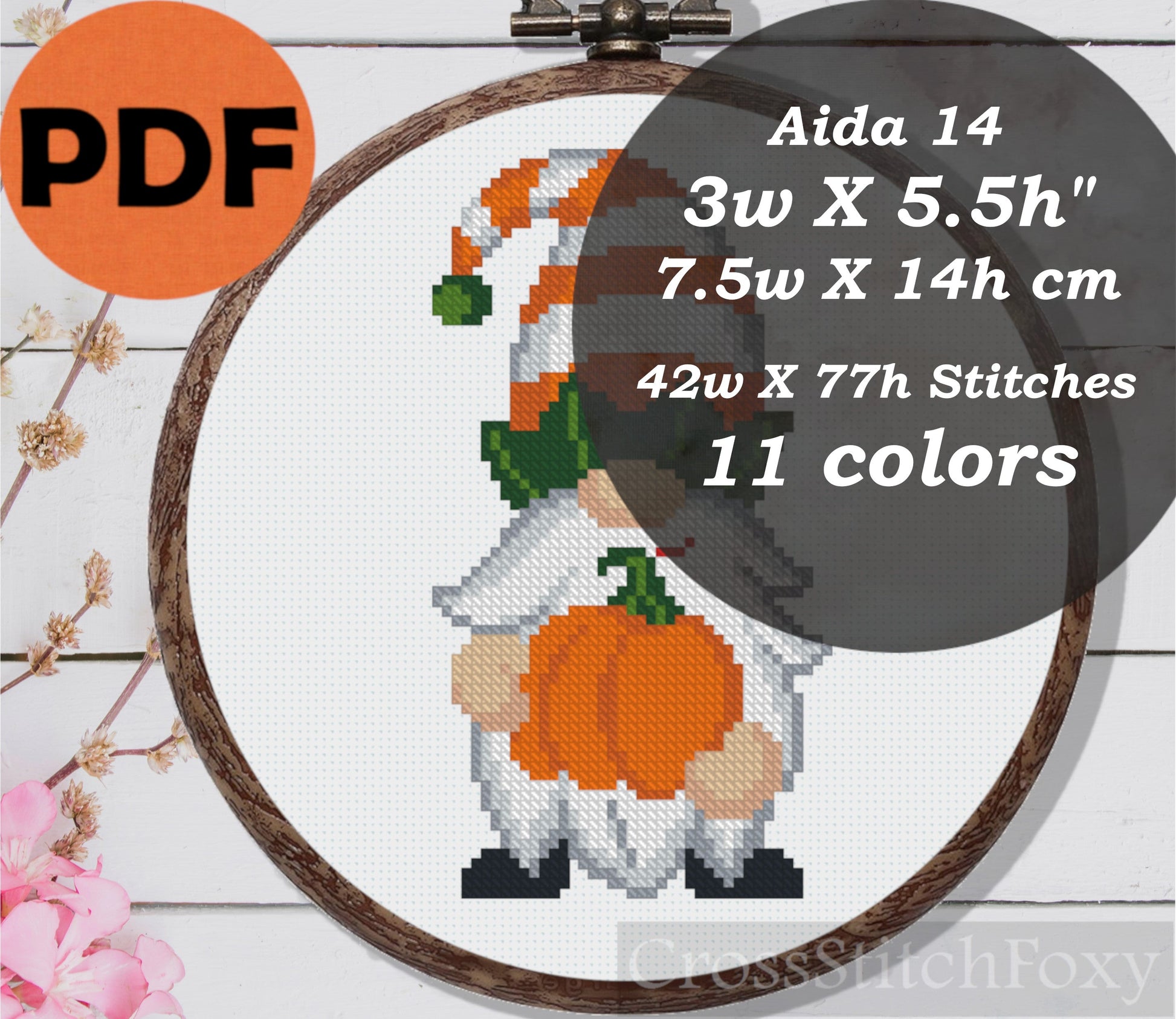 Fall gnome with pumpkin cross stitch pattern