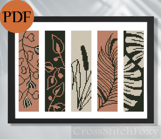 Floral Bookmarks Set Tropical Leaves Cross Stitch Pattern PDF