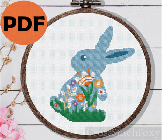 Floral Easter rabbit cross stitch pattern