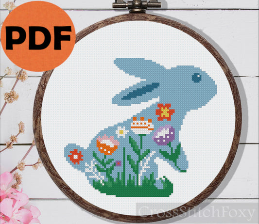 Floral Easter rabbit cross stitch pattern
