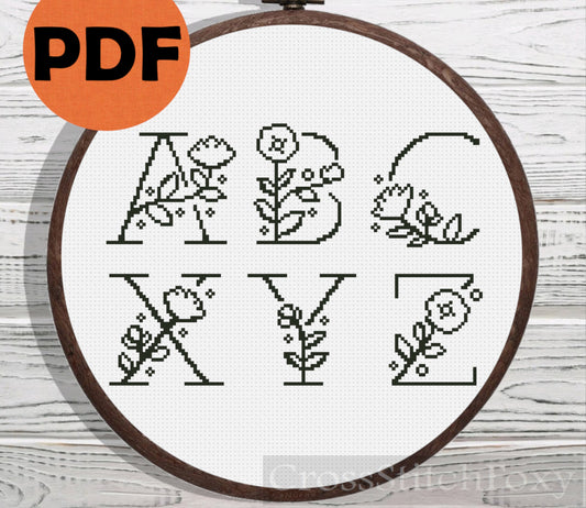 Floral Monogram Alphabet cross stitch pattern