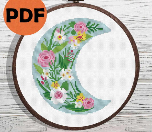 Floral moon cross stitch pattern