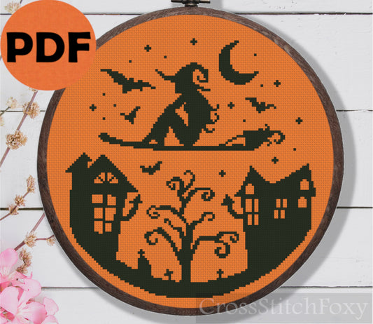 Flying Witch Broom Halloween Haunted House Cross Stitch Pattern