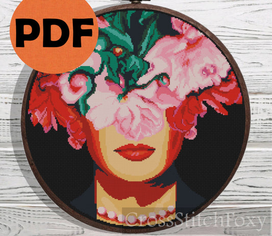 Frida Kahlo with Peoni cross stitch pattern
