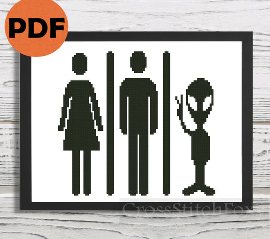 Funny restroom door sign alien cross stitch pattern