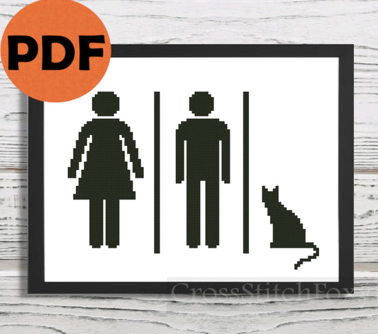 Funny restroom door sign with cat cross stitch pattern