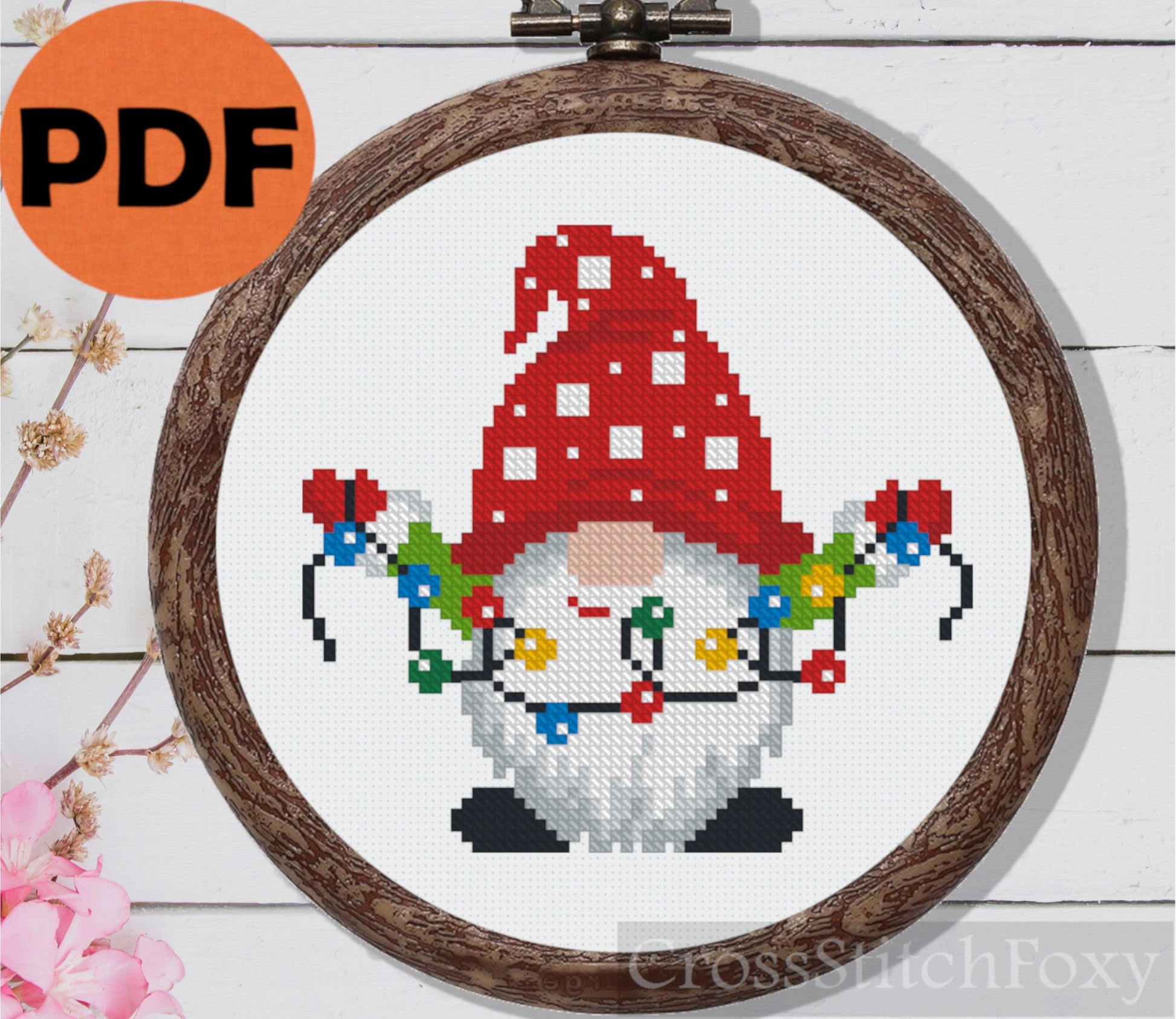 Gnome With Christmas Lights Cross Stitch Pattern