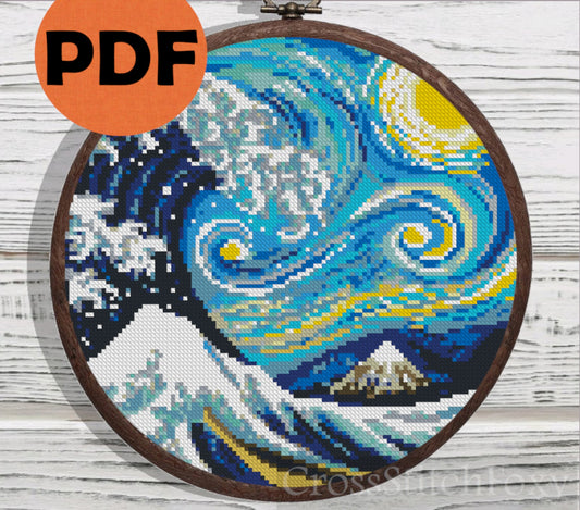 The Great Wave Starry Night cross stitch pattern