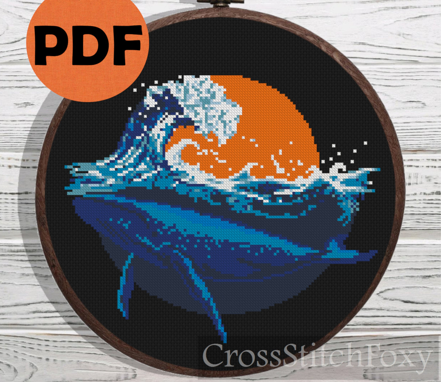 The Great Wave Whale cross stitch pattern
