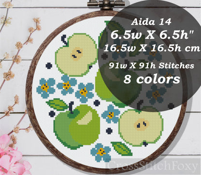 Green Apples Flowers Cross Stitch Pattern PDF