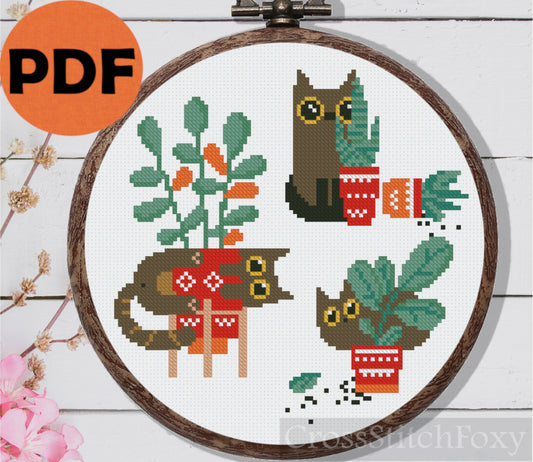 Guilty Funny Cat House Plants Cross Stitch Pattern PDF