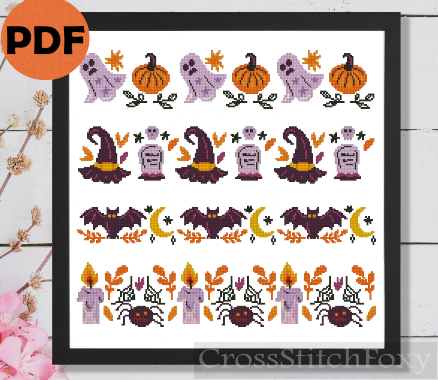 Halloween Borders Ghost Pumpkin Witch Hat Cross Stitch Patterns