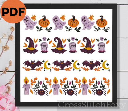 Halloween Borders Ghost Pumpkin Witch Hat Cross Stitch Patterns