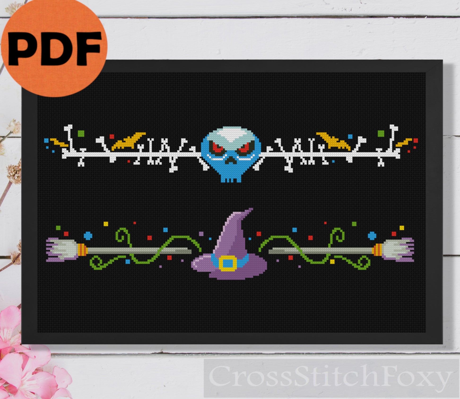 Halloween Borders Scull Witch Hat Cross Stitch Patterns