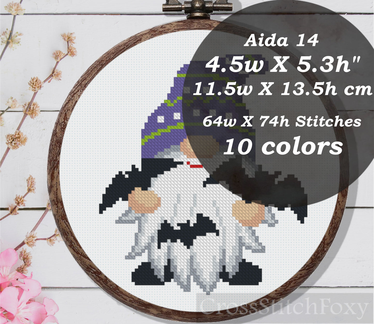 Halloween Gnome Bat Cross Stitch Pattern