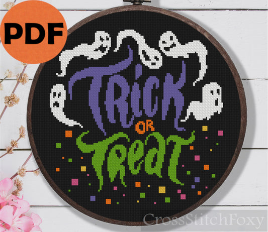 Halloween Lettering Trick Or Treat Ghost Cross Stitch Pattern