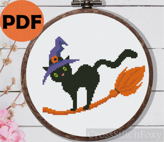 Halloween cat witch cross stitch pattern