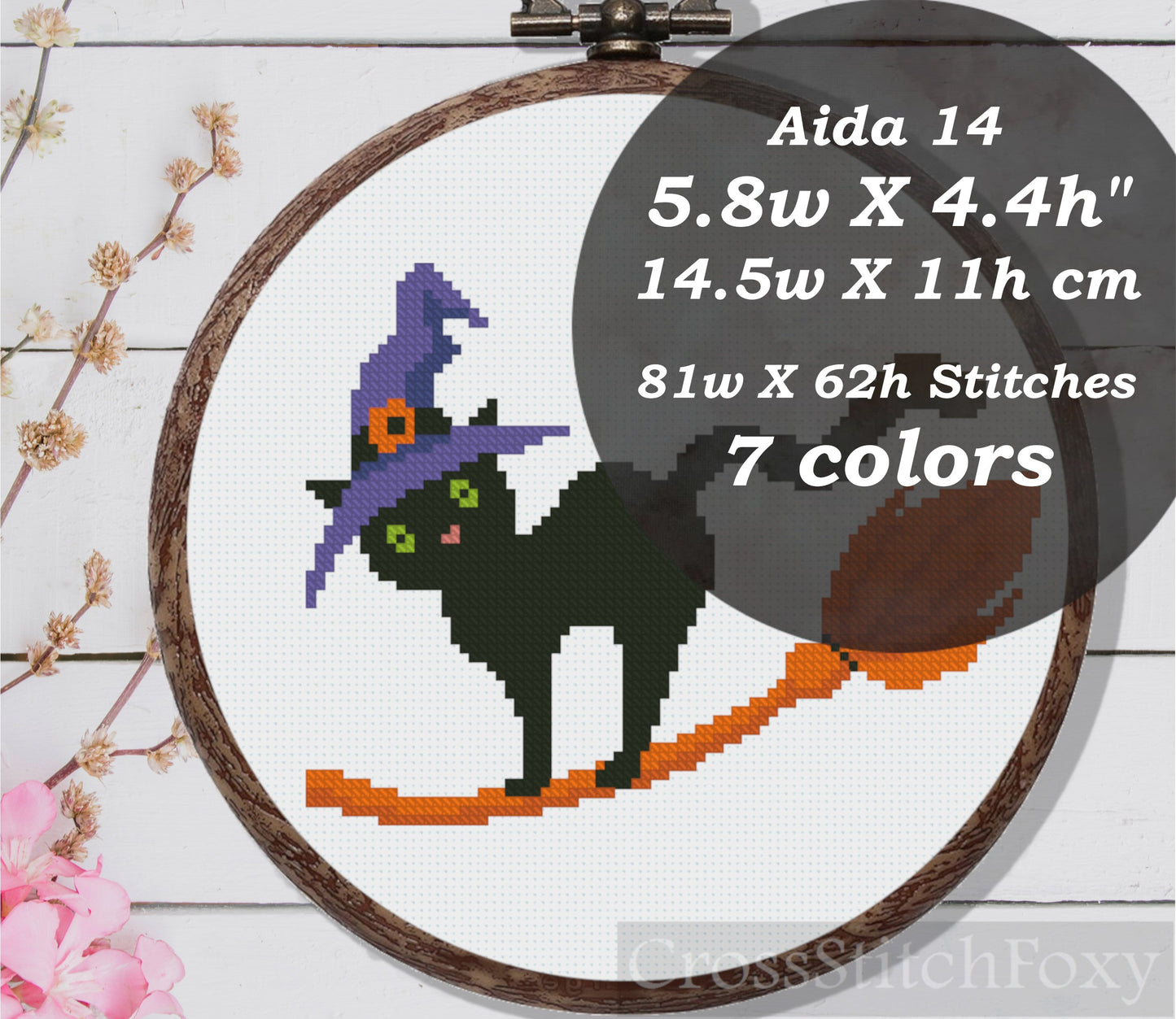 Halloween cat witch cross stitch pattern