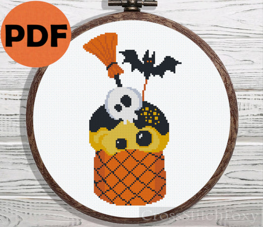 Halloween cupcake bat and broom cross stitch pattern