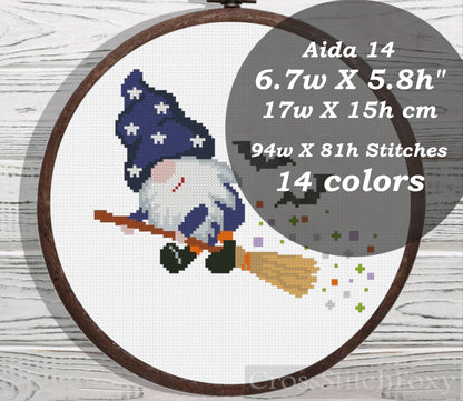 Halloween gnome on broom cross stitch pattern